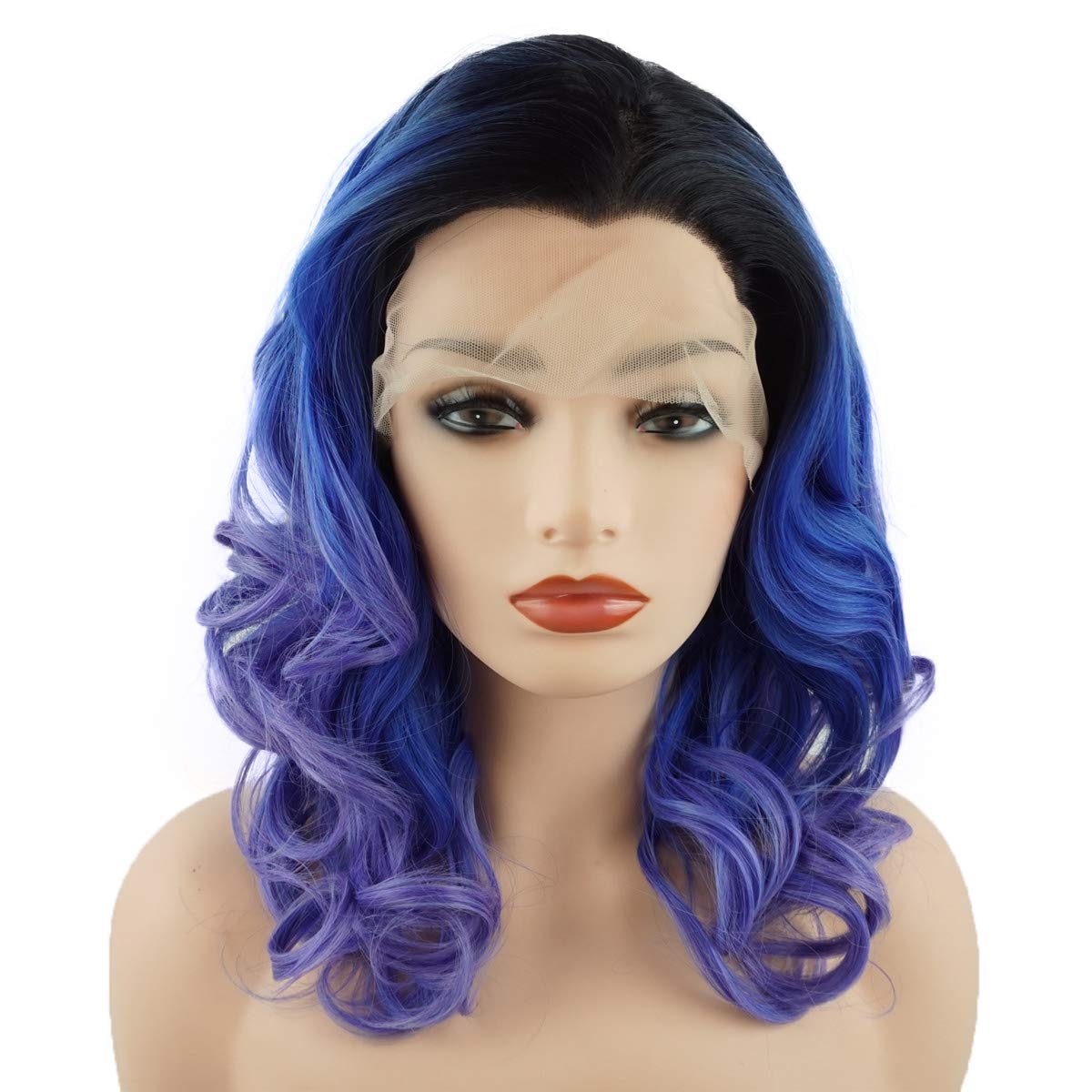 Hair Wavy Shoulder Length 16inch Dark Root Blue and Purple Mix Heavy Density Realistic Synthetic Lace Front Wig