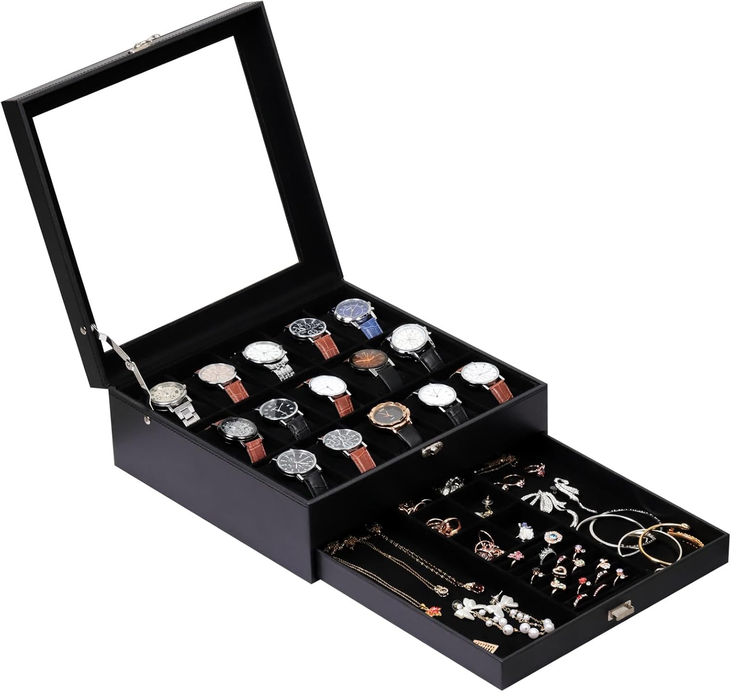 AUTOARK Premium 2-Layer Watch Box Organizer with Lock,Holds 15 Watches + Jewelry,Drawer for Rings Earrings Bracelets,Large Glass Lid,Soft PU Leather,Gift for Men Women,Black,MKAW-137