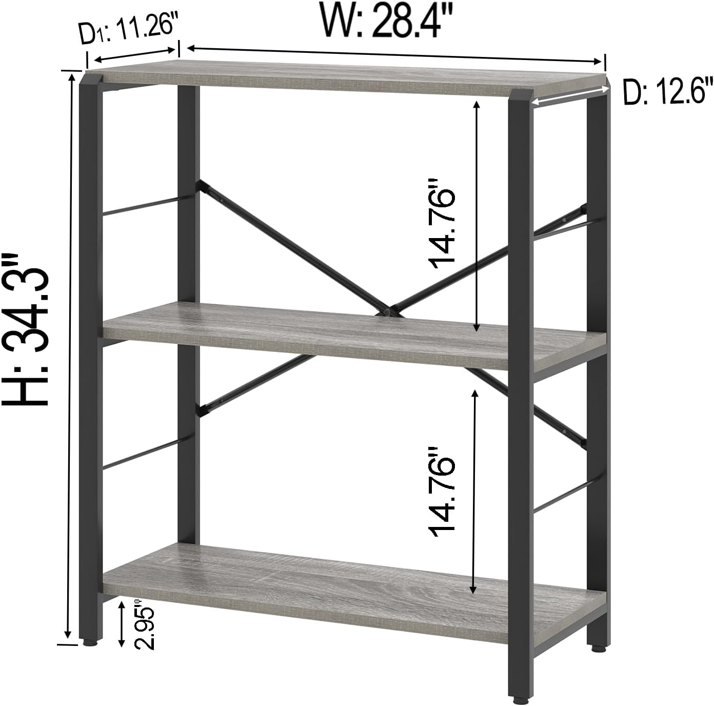 FOLUBAN Small Bookshelf and Bookcase, 3 Tier Low Short Book Shelves, Rustic Wood and Metal Shelving Unit for Small Spaces, Bedroom Living Room, Light Grey