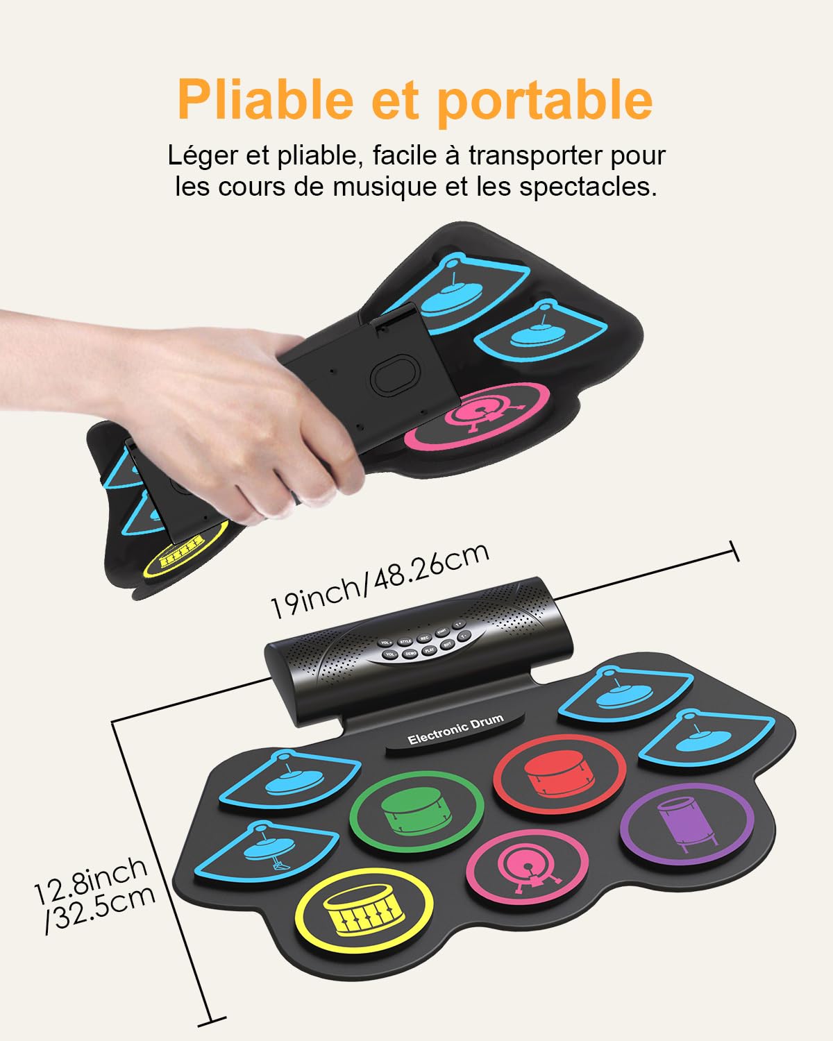 Batterie électronique pour enfants, 9 pads Roll-Up Drum avec MIDI Bluetooth, kit de pads de batterie d'entraînement pour enfants débutants avec haut-parleur stéréo intégré, baguettes de batterie