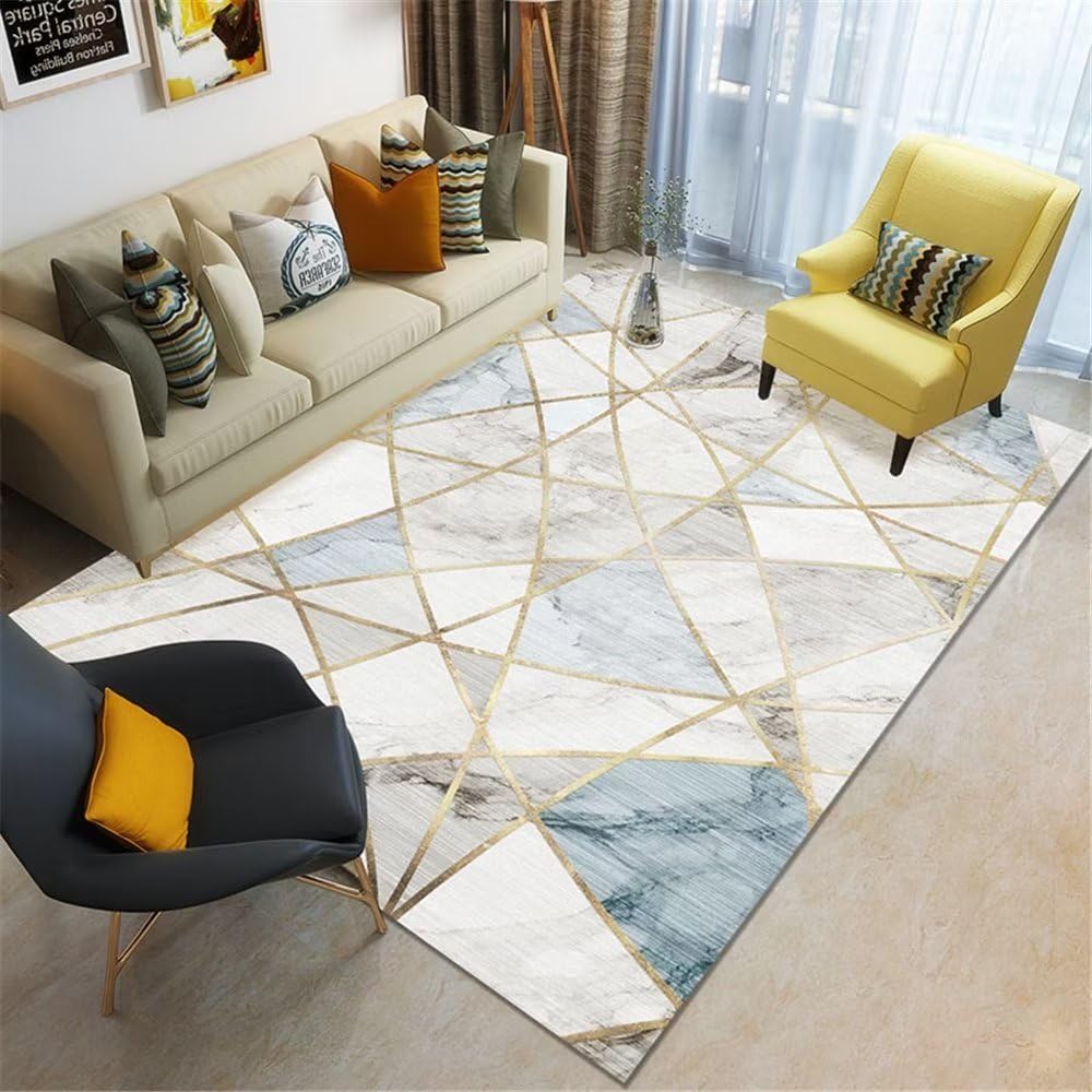Tapis sol bleu motif marbre géométrique durable pour déco chambre adulte et terrasse