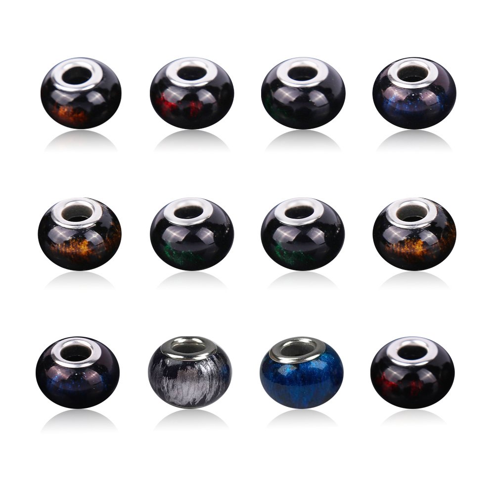 AIPRIDYAIPRIDY 100Pcs 15x11mm Painting Murano Large Hole Glass Beads Mix Color with Silver Brass Cores European Charm fit Bracelet Necklace (Black Background and Color Glass)