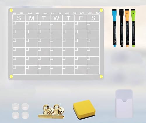 Calendario acrílico para refrigerador con imanes dorados, calendario mensual transparente con 2 clips magnéticos dorados, cuatro marcadores