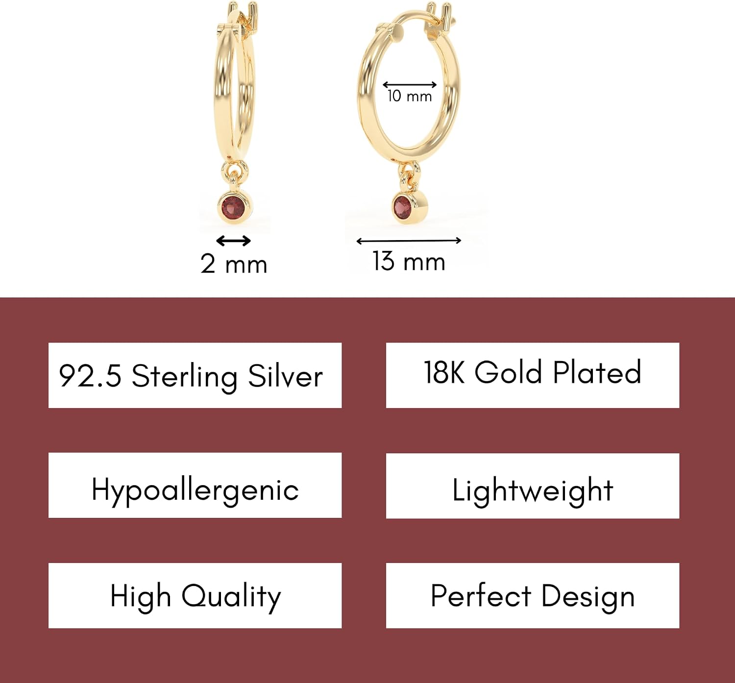18K Gold Hoop Earrings for Women - Authentic 925 Sterling Silver Hoop Earrings with Garnet Crystal - Hypoallergenic January Birthstone Gift for Mothers Day