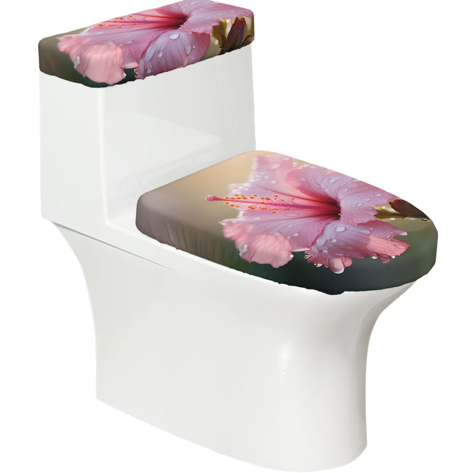 Korean National Flower 2-Piece Toilet Seat Cover Set with Tank Lid - Elastic for U-Shape & Elongated - Bathroom Decor