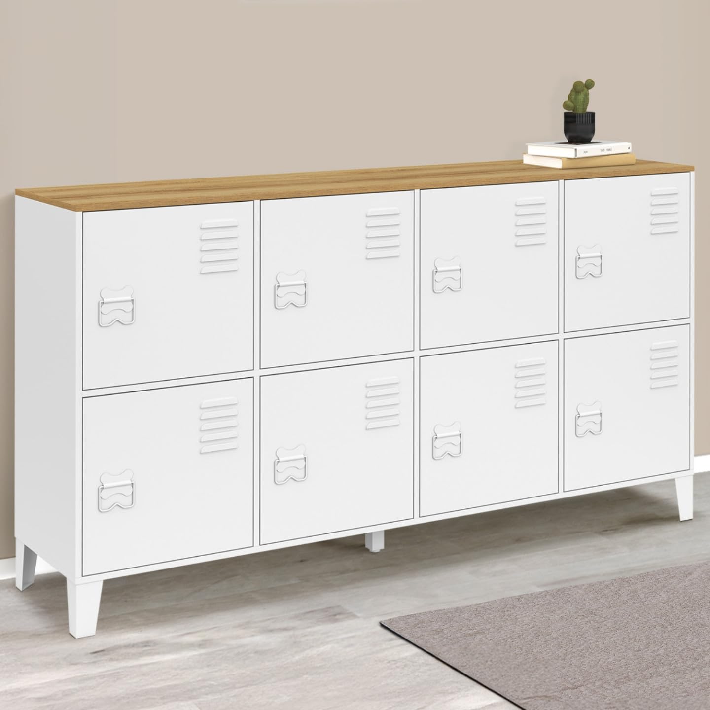 IDMarket - Aparador con taquilla de 139 cm Ester 8 puertas de metal blanco placa de madera diseño industrial