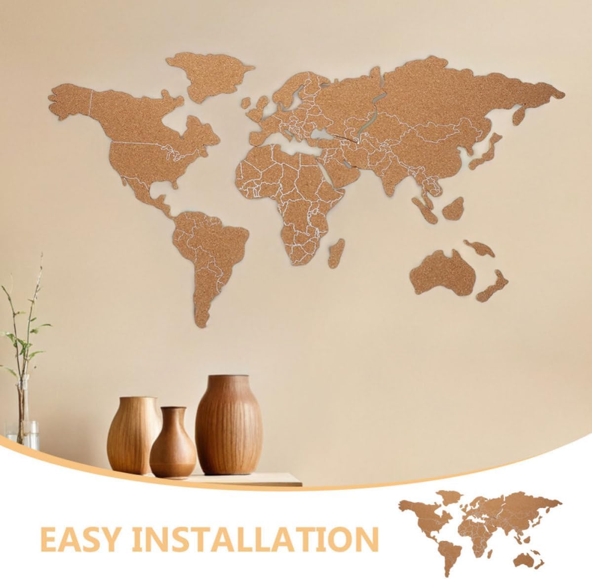 Wooden Wall Map Cork Board with Adhesive Backing Easy Installation Can be Freely Spliced Decorative World Map Corkboard for Home and Living Room Includes Pins Unique Design