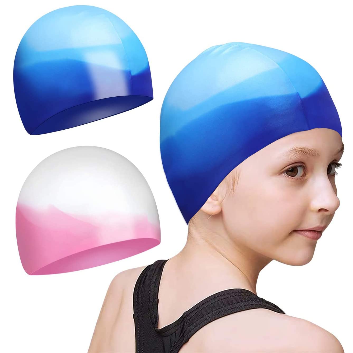 Angju Summer Swim Cap Kids Waterproof 2 Pack Silicone Swimming Caps for Girls Boys Aged 2-12 Bathing Caps for Kids Toddler Children Pool Swim Cap Comfortable Fit for Long Hair and Short Hair