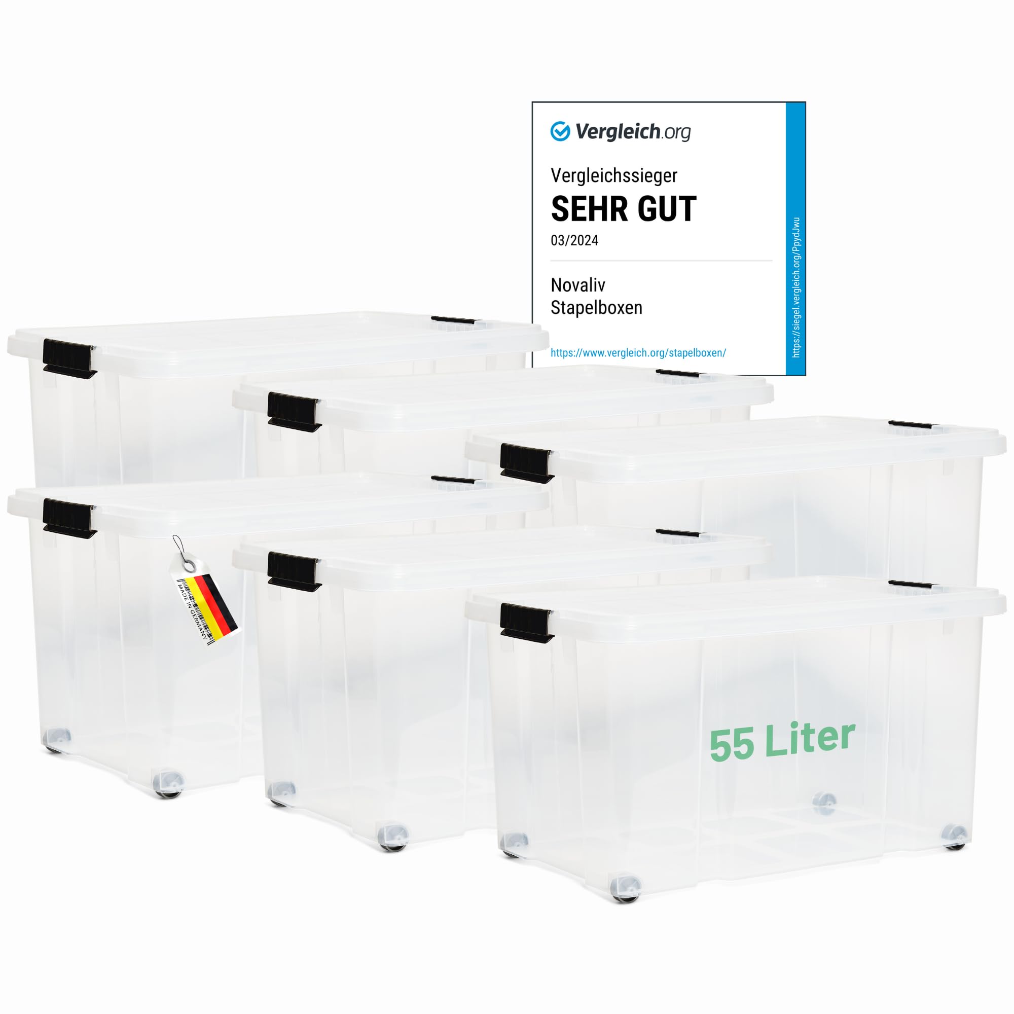 Novaliv 6x Aufbewahrungsboxen mit Deckel Groß 55L transparente Nestbar stapelbar mit Clipverschluss Rollboxen Kunststoff BPA-frei 61x40x32,5 cm