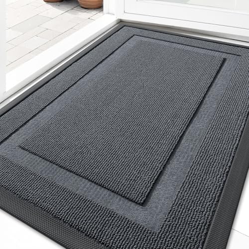 Image of OLANLY Front Door Mat Indoor Outdoor Entrance, Waterproof All-Season, All-Weather Doormat, Sturdy Natural Rubber, Low Profile, Easy Clean Patio Porch Entryway Mat, 33x21, Charcoal Gray