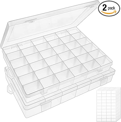 OUTUXED 2 Pack 36 Grids Clear Plastic Bead Organizer Box, Fishing Tackle Box Compartment Organizer with Adjustable Dividers for Jewelry, Art Craft, Bead Storage Containers with 5 Sheets Label Stickers