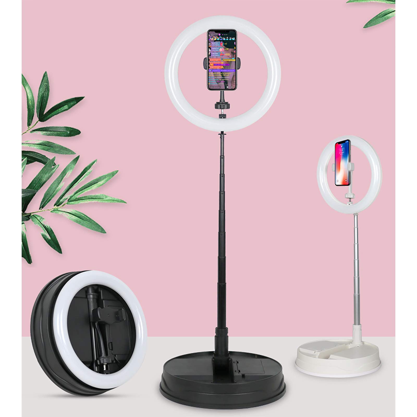 10-en Selfie Anillo de luz, Luz del Anillo portátil con Soporte Extensible y Soporte para teléfono, Iluminación del Stand Plegable para la fotografía de vídeo en Vivo y Maquillaje,Negro
