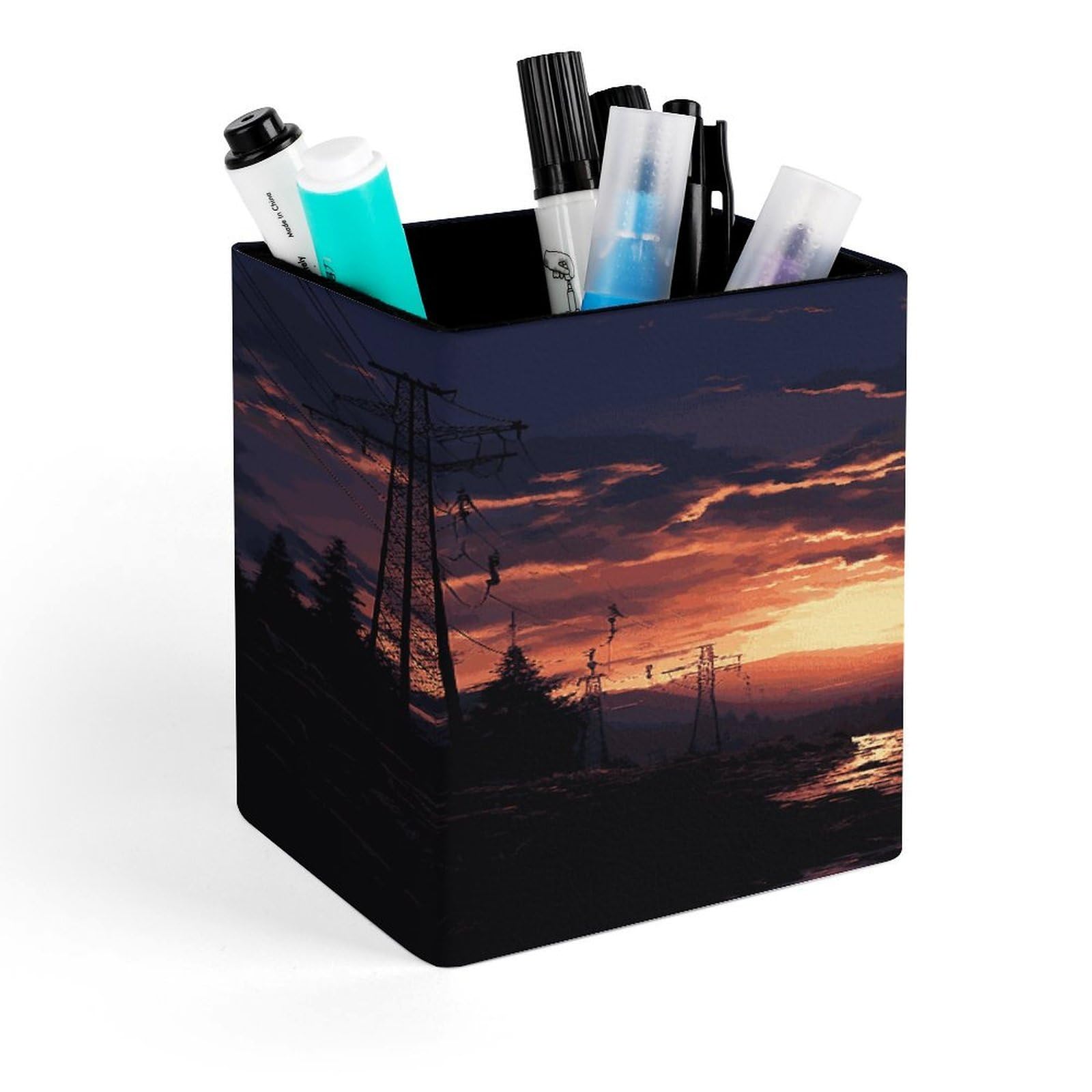 JTREHY Dusk Scenery Pen Holder Square Pen Pencil Holder Makeup Brush Holders Cup PU Leather Pencil Cups Desktop Caddy Stationery Organizer Case Office Accessories Container Box