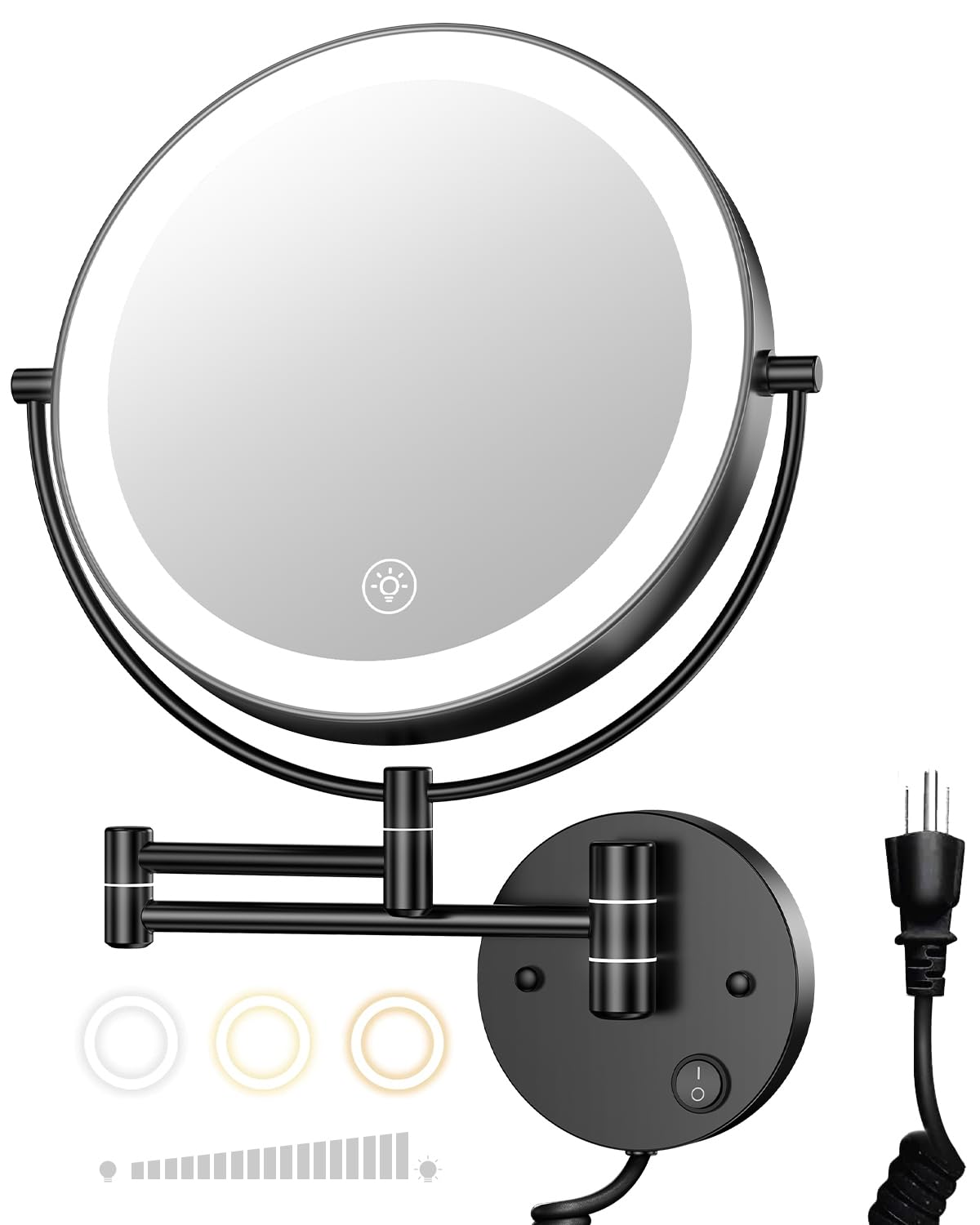 Gospire 9” Wall Mounted Lighted Makeup Vanity Mirror with 3 Color Lights & Stepless Dimming, 1X/10X Magnifying LED Double Sided Bathroom Touch Sensor Extendable Arm 360° Swivel Shaving Cosmetic Mirror