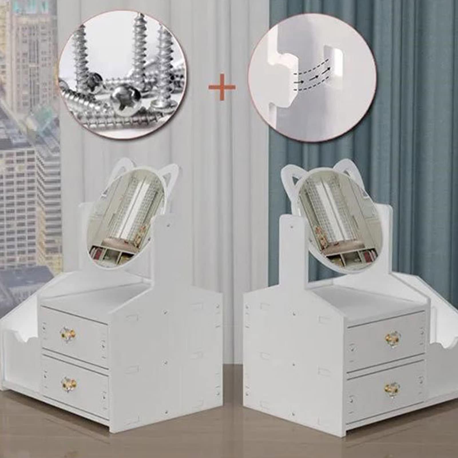 Drawer Makeup Organizer for Vanity, Large Capacity Cosmetic Makeup Drawer Organizer White Cosmetic Storage Drawer Desktop Makeup Container with Mirror