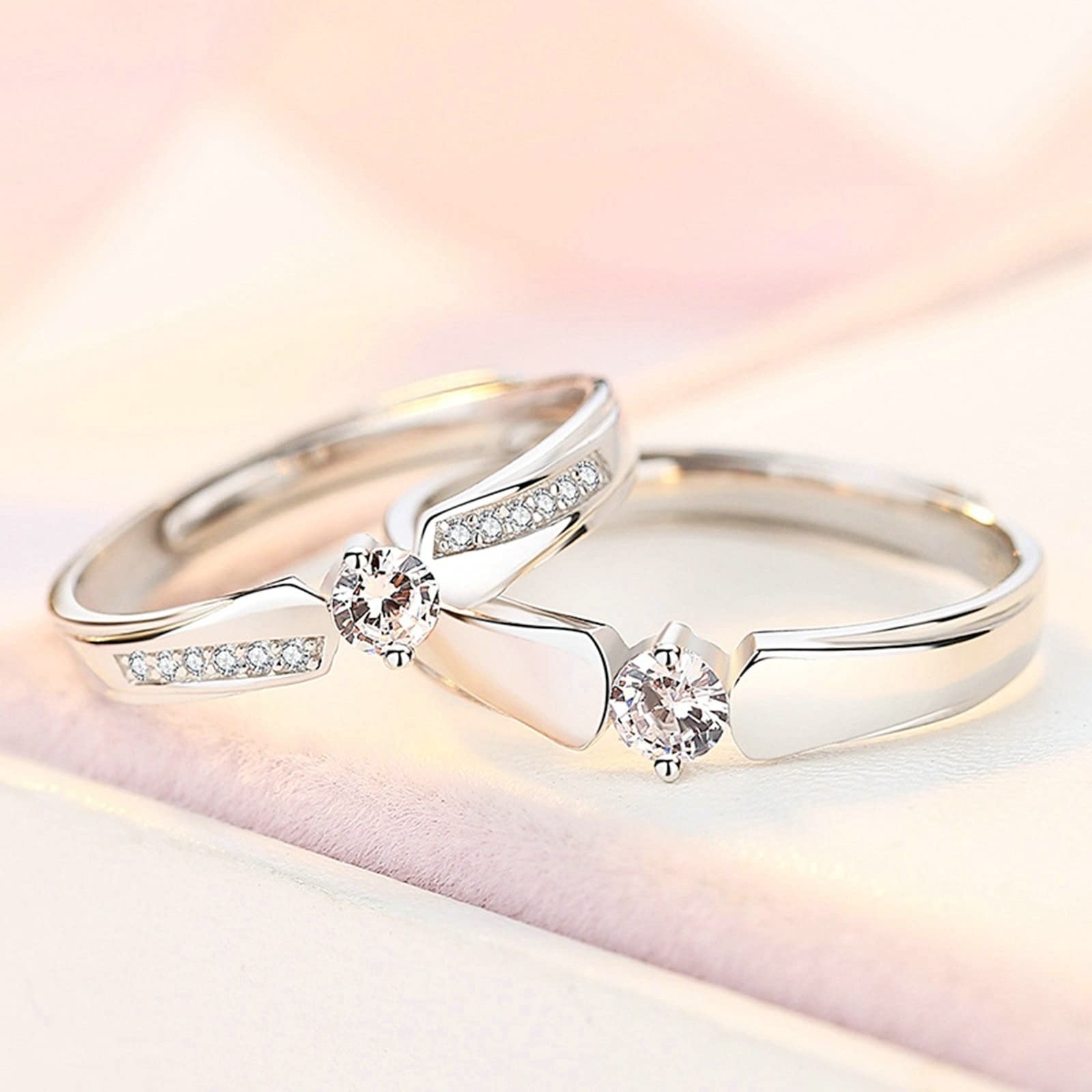 Coppia di anelli di promessa, anello di strass con design classico argento coppia anello regolabile regalo, Adjustable, Cristallo, Zirconia cubica