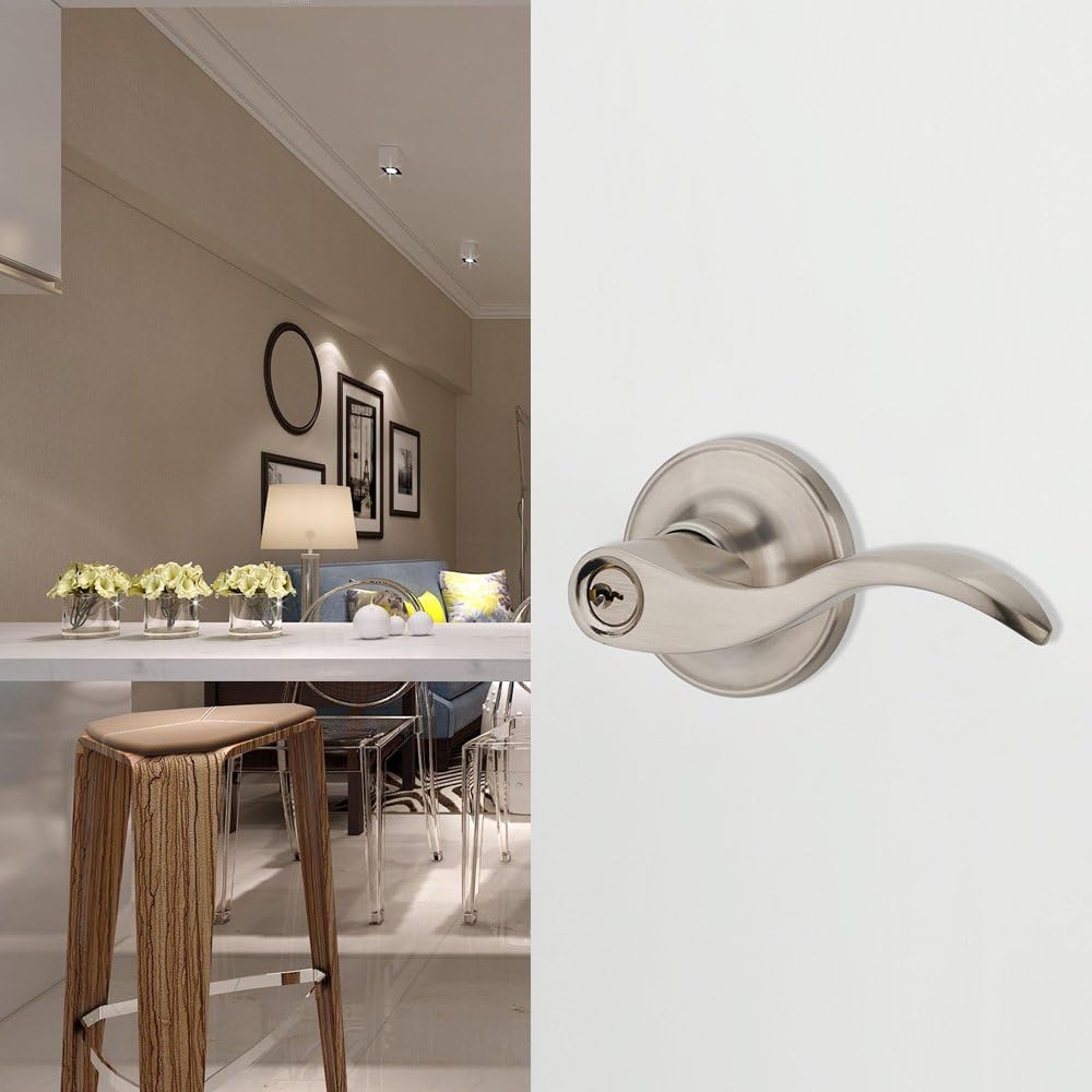 Wave Lever Keyed Entry Door Lock/Door Knob Hardware Knob Lever and Closet Leverset,Nickel Brusehd Color, Right Hand Orientation (JX805R)