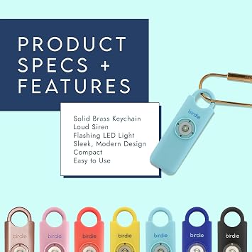 Shes BirdieThe Original Personal Safety Alarm for Women by WomenLoud Siren, Strobe Light and Key Chain in a Variety of Colors (Metallic Silver)