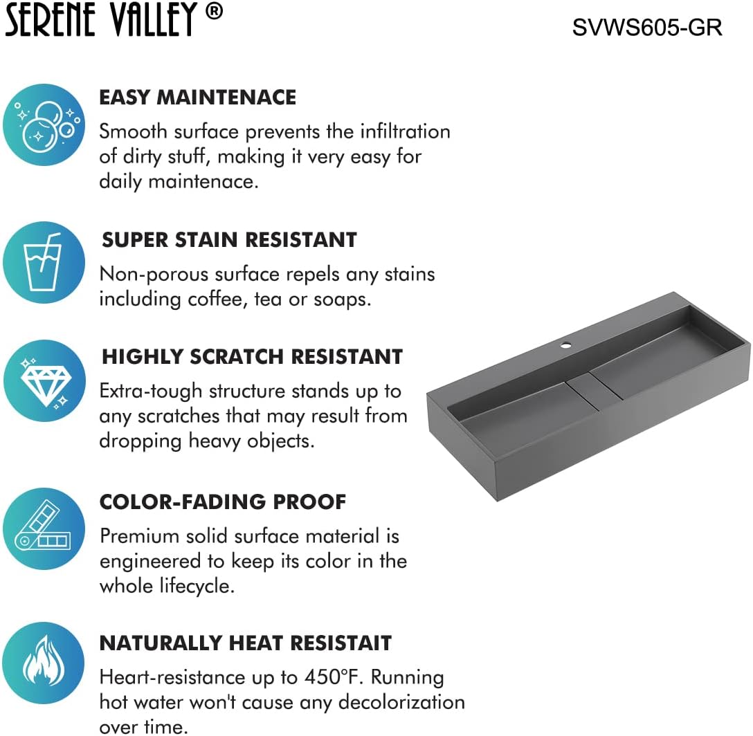 Serene Valley 47" Floating or Countertop Bathroom Sink, Double Faucet Holes with Hidden Drain, Solid Surface Material in Matte Gray, SVWS605-47GR