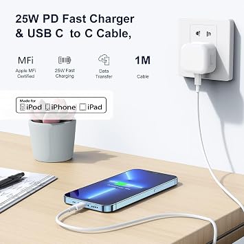 iPhone 17 16 Charger,25W Apple 16 USB C Fast Charger Cable and Plug Super Quick Charge for New i Phone 17 Pro/Air/17 Pro Max/16e/16 Plus/16 Pro/16 Pro Max/15,1M Type C to USBC Charging Lead and Head