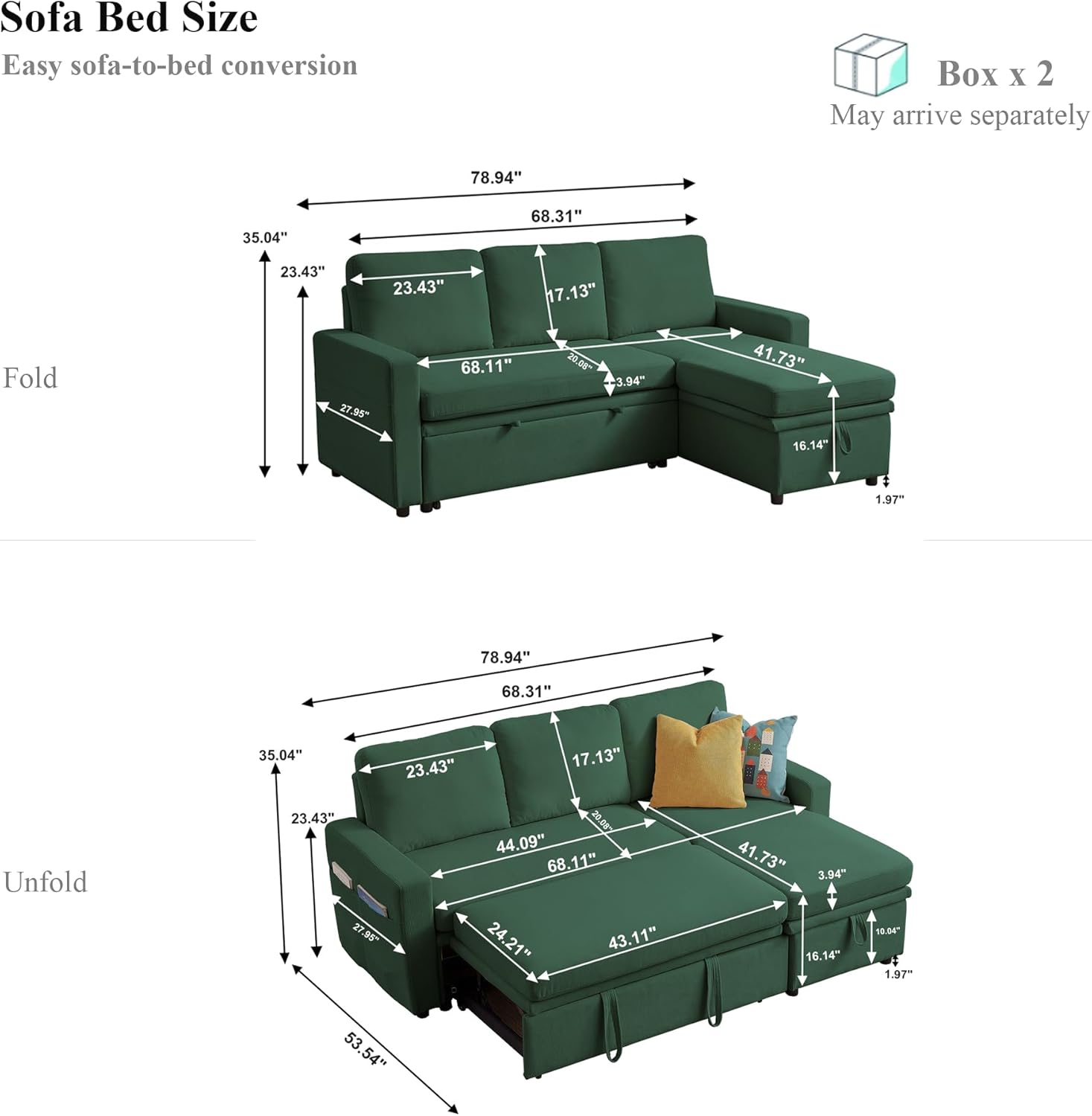 79'' Sleeper Sofa Bed, 3 Seater L Shaped Sofas, Convertible Modular Couch with Storage, Convertible Chair Bed Foldable Pull Out Couches for Living Room, Bedroom, Apartment, Office (Green)
