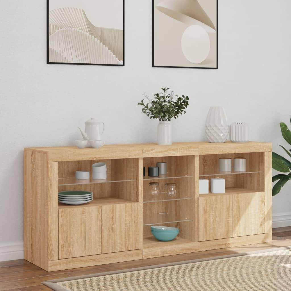 Modernes Sideboard mit LED-Lichtern, RGB, Sonoma-Eiche, 162 x 37 x 67 cm, 3 Stück, robustes Holz, viel Stauraum, praktische Türen, Displayfunktion,