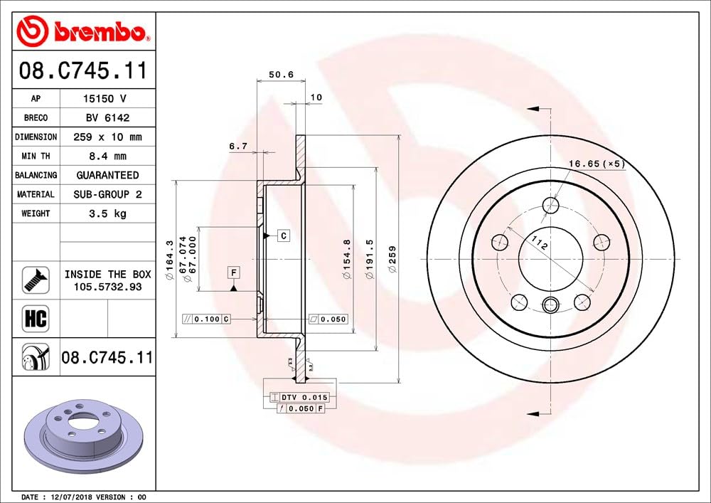 Brembo 08.C745.11 Disco Freno Posteriore con verniciatura UV, Set di 2