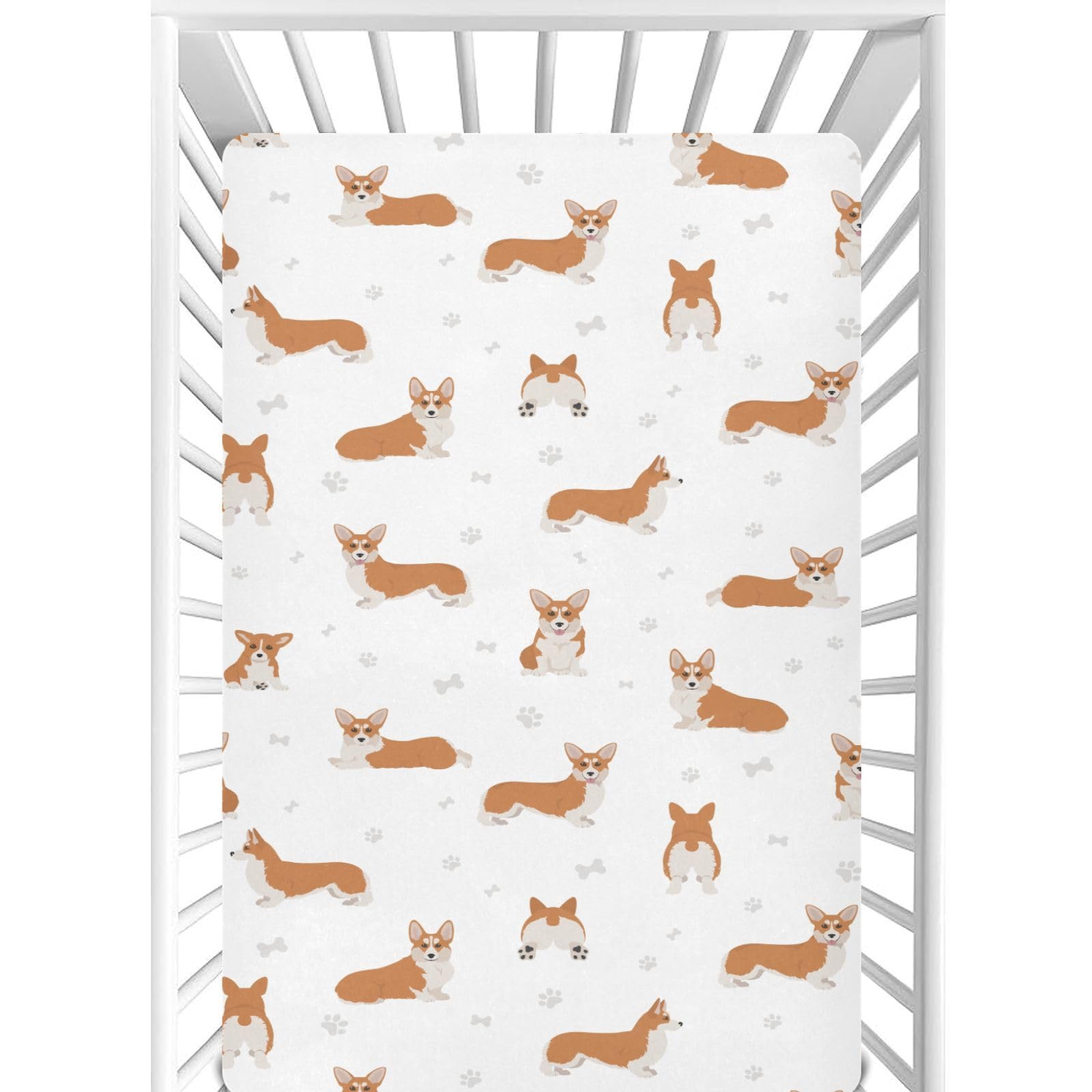CaTaKu Corgi Funny Doggy Mini Crib Sheets for Girls Boys Baby Mattress Sheets Fitted, Soft Toddler Nursery Bed Sheets Neutral 28"x 52"
