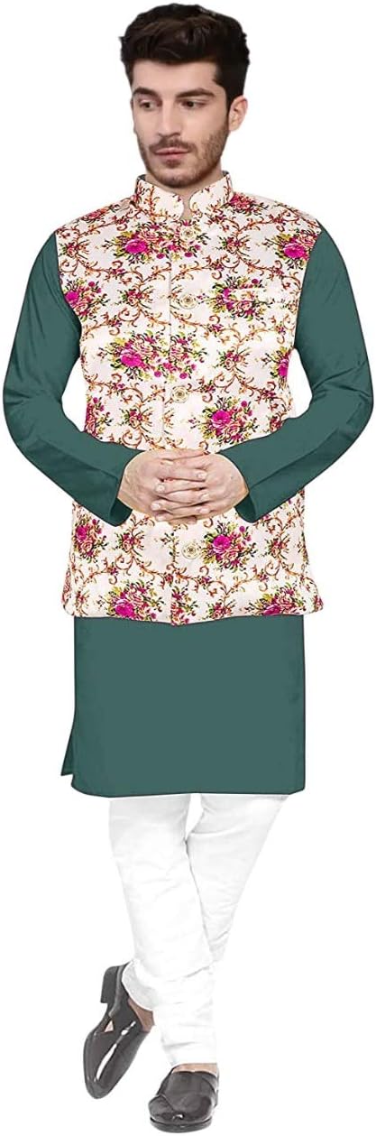 trustousMen's 3 PCS Combo Set (KOTI + Kurta + Pyjama) with Classis Colour Option Matching with Multi Printed NERHU Jacket Best for Wedding COLLECION