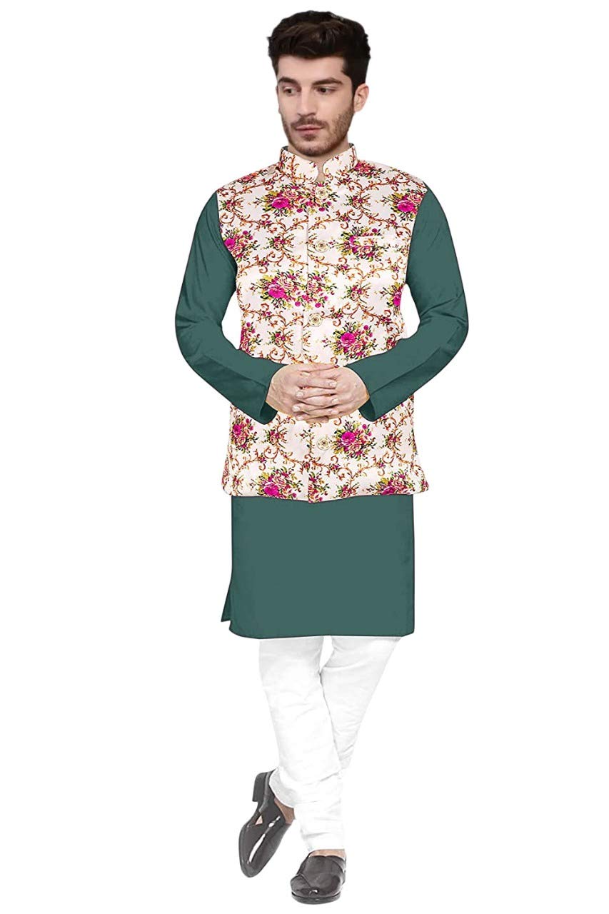 trustousMen's 3 PCS Combo Set (KOTI + Kurta + Pyjama) with Classis Colour Option Matching with Multi Printed NERHU Jacket Best for Wedding COLLECION