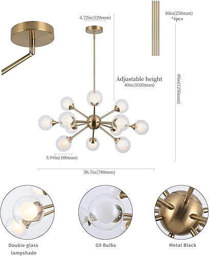 Miniatura 2 de Candelabro Sputnik de 12 luces con acabado de latón cepillado con globo de vidrio de burbujas, modernas lámparas de cocina doradas colgantes de