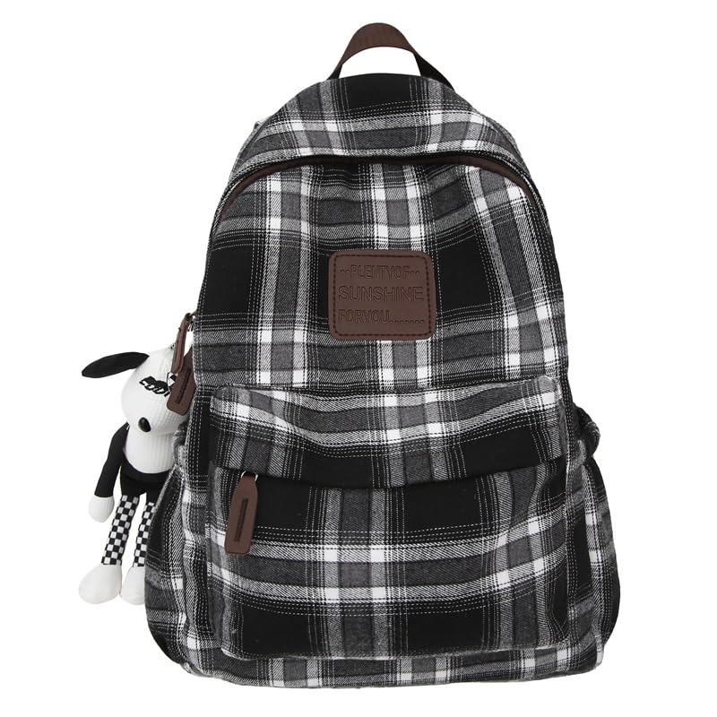 2025 Plaid Preppy Backpack for Women Y2k Aesthetic Shoulder Bag Vintage Daypack with Pendant Checkered Laptop Bag (Black)