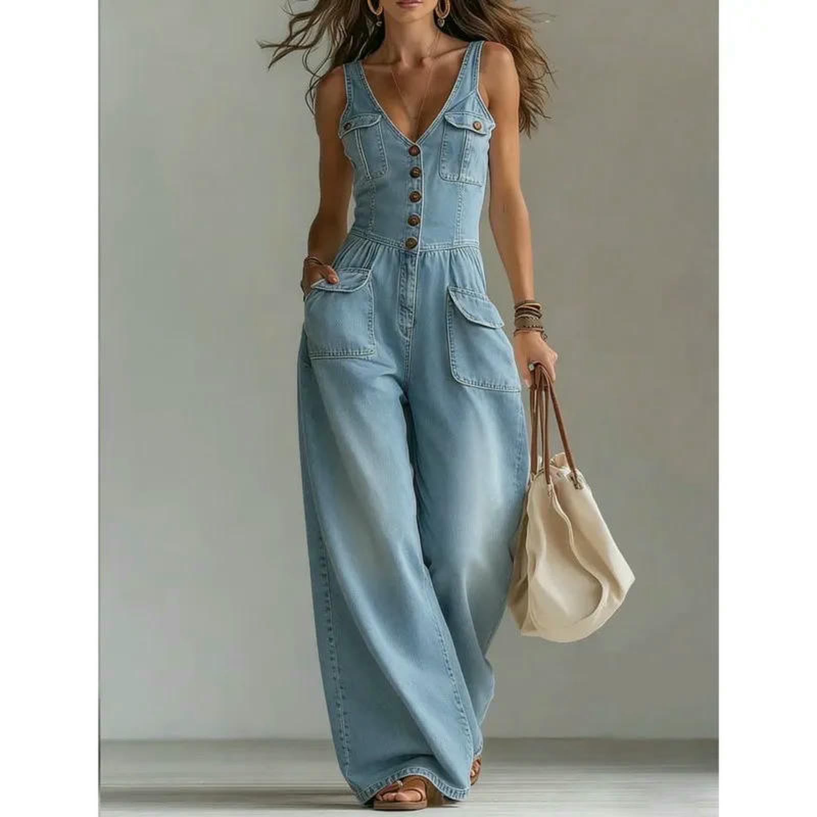 Mono De Verano Mono Vaquero De Mujer Sin Mangas con Escote En V Y Botones para La Playa.