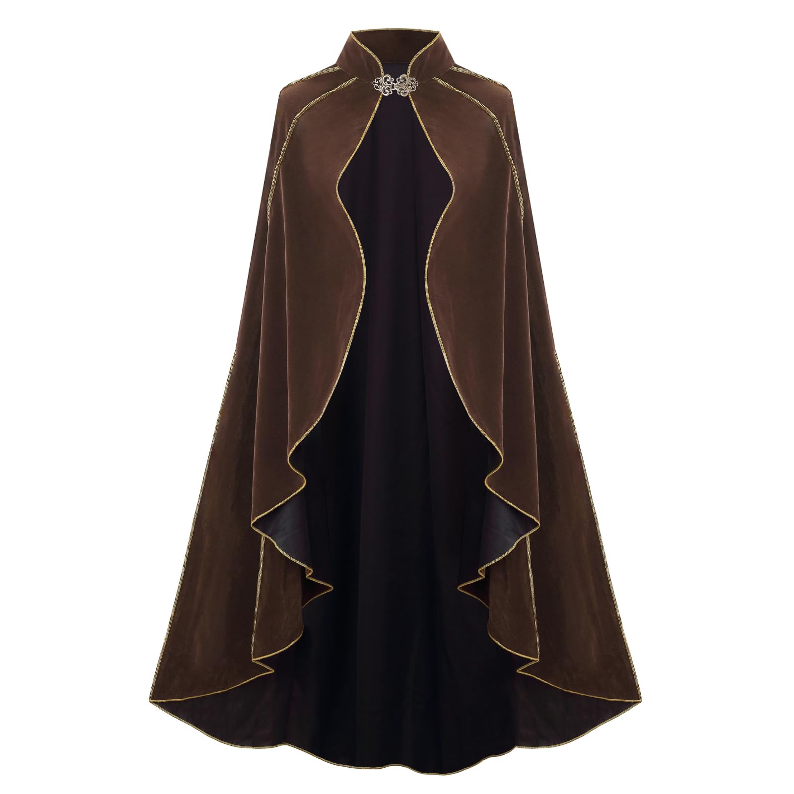 HAPNBCELE Women's Medieval Cloak Renaissance Velvet Cape with Stand-Up Collar Queen Empress Princess Costume Halloween Christmas Party Cosplay Dress Up (Brown, 51.1“/130cm)