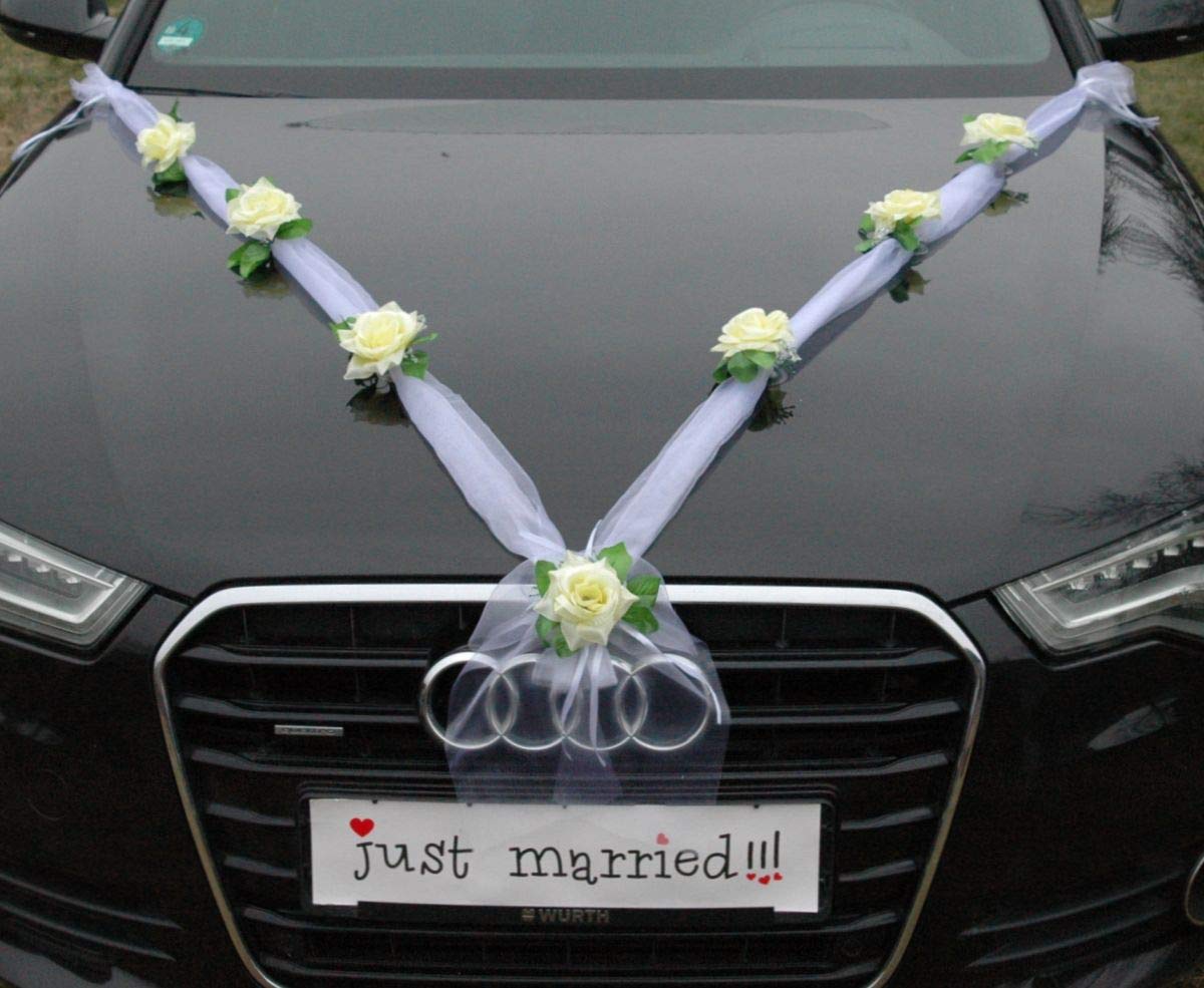 Organza M Auto Schmuck Braut Paar Rose Deko Dekoration Autoschmuck Hochzeit Car Auto Wedding Deko Girlande PKW (Ecru2/Weiß) - Image 3