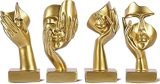Gold Abstract Thinker Figurine Set of 4, Home Art Face Small Statue for ...