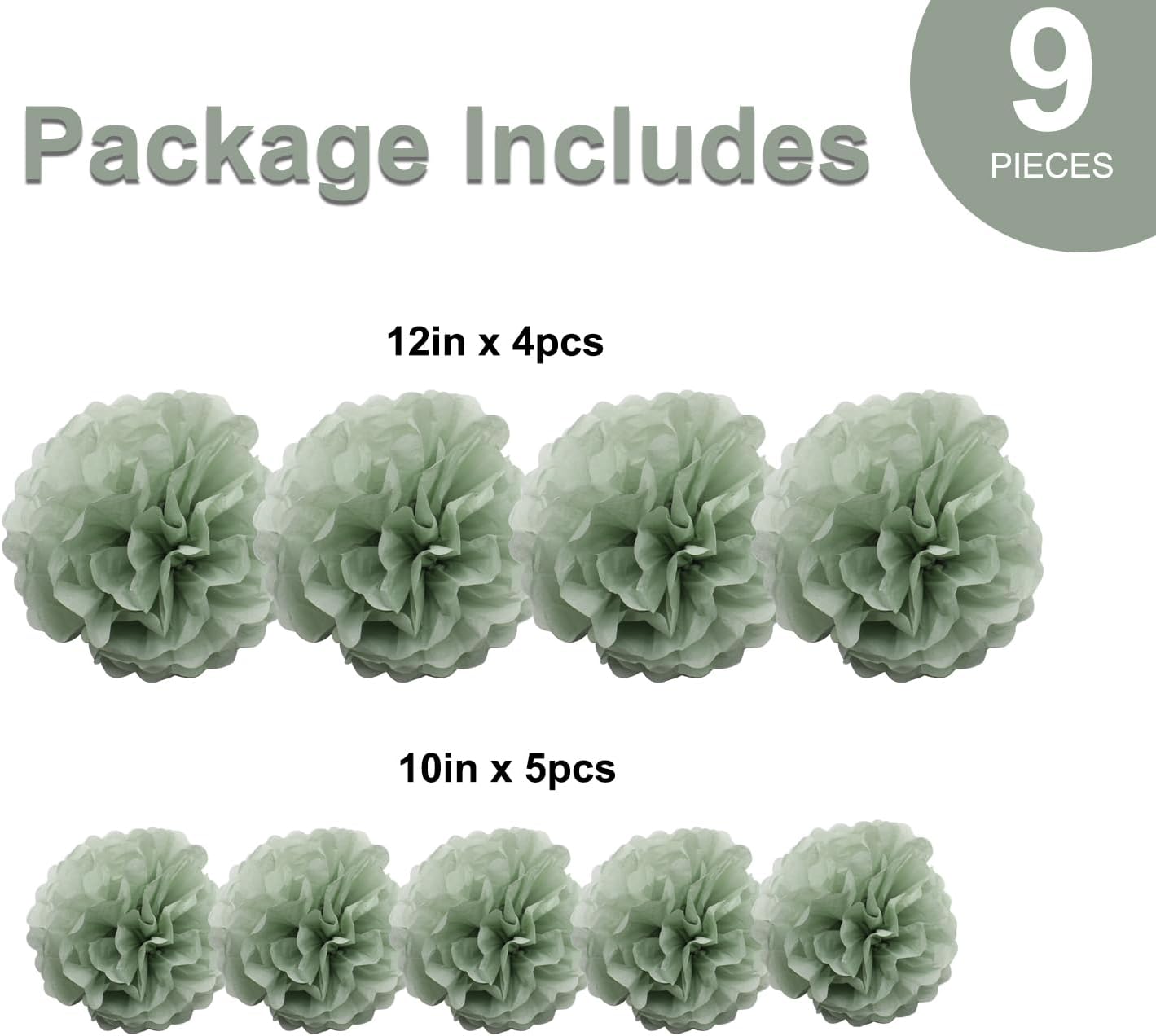 9-Pack Sage Green Tissue Paper Flower Streamers Hanging Decorations - 12" 10" Sage Pom Poms Party Centerpieces for Bridal Shower, Baby Shower, Birthday, Wedding, Nursery Room, Backdrop Supplies