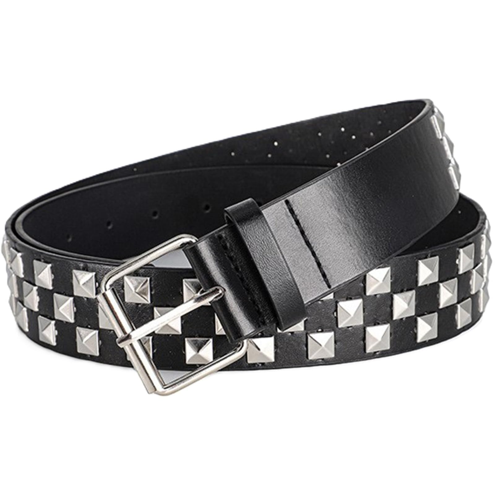 AGUTALITHIC Metal Punk Rock Studded Belt for Women Gothic PU-Leather Strap with Pyramid Four-Jaw Square Rivets Roller Buckle(110cm/43, Silver)