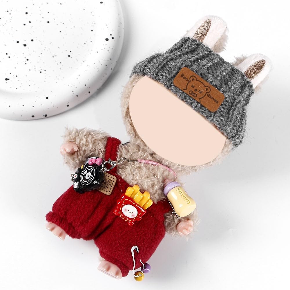 Compatible with Labubu (NO Doll) - Gray Knit Hat & Red Plush Overalls Set with Fries & Camera Accents, Clothes for 15cm/17cm Plush Dolls (Gray-Red)