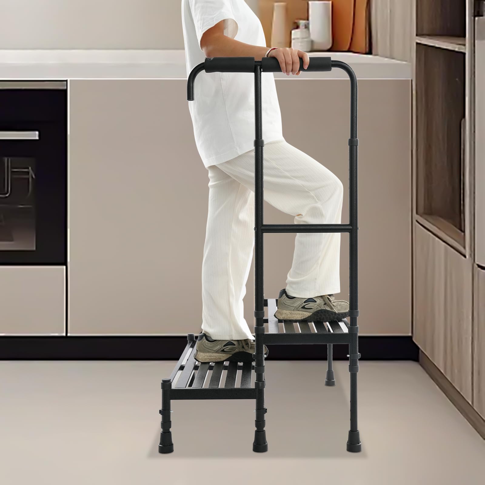 Scala a 2 gradini con manico di sicurezza elevato, gradino per camper e casa in acciaio al carbonio, antiscivolo con ampia superficie per cucina, biblioteca garage