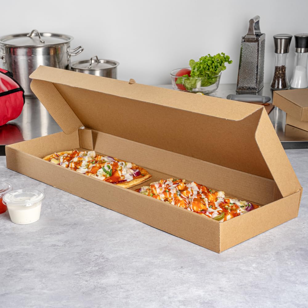 Restaurantware Eco Pie - Cajas de pan plano para llevar de 24 x 12 x 2 pulgadas, 50 cajas de pizza corrugadas resistentes, diseño de flauta, sistema de bloqueo de pestañas, cajas de pizza de papel