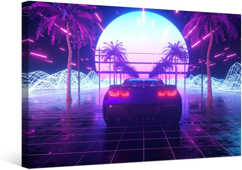 LSIUHWUWI 1 panel Cyberpunk Futurista Coche por la noche imagen para dormitorio, pinturas de pared estilo Cyberpunk de los años 80, arte de pared de