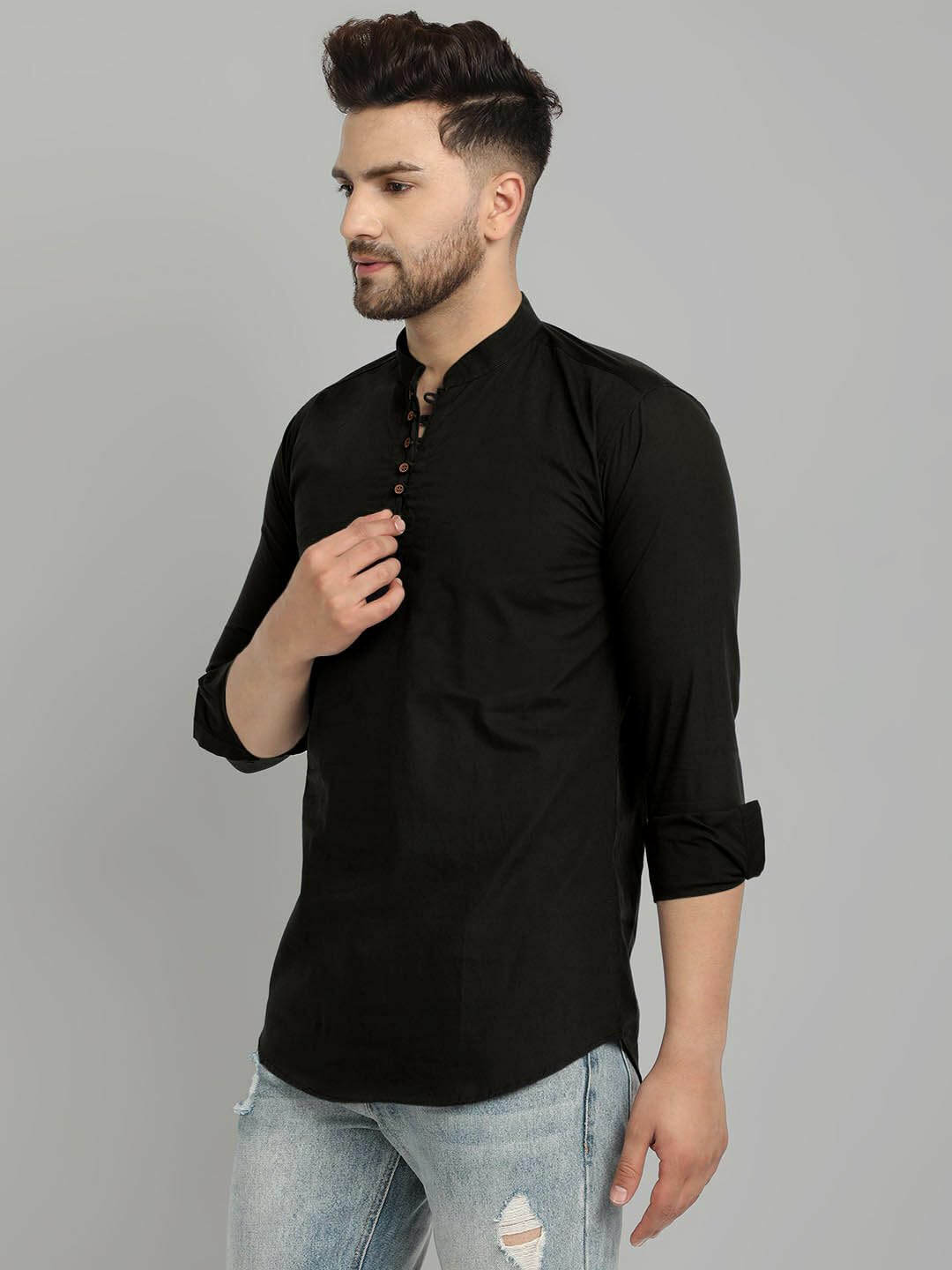 Royalscout Men's Cotton Blend Full Sleeve Short Kurta With Mandarin Collar Black