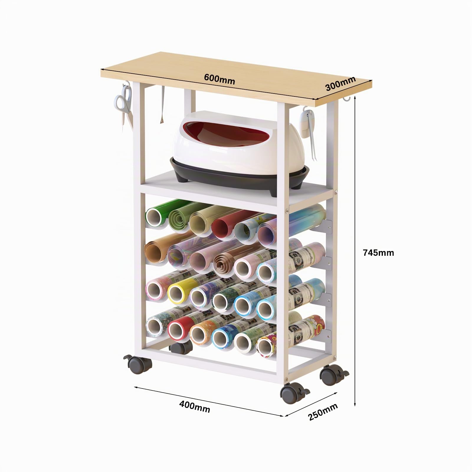 Rollwagen mit Basteltisch, Organisations-Arbeitsplatz, kompaktes, abnehmbares Design, Aufbewahrungs- und Organisationslösung mit 24 Vinyl-Rollenhaltern(weiß)