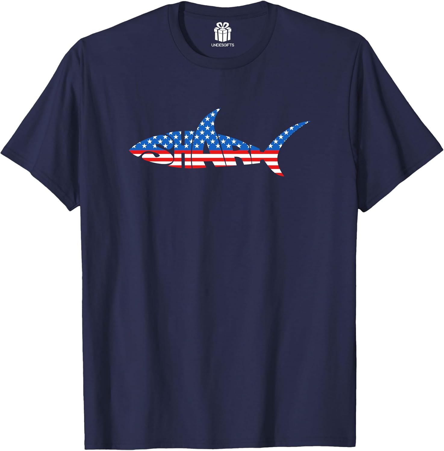 Shark 4th of July American Flag T-Shirt for Boys Kids Men Funny Gift for Dad Mom Shark Husband Wife Son Lover