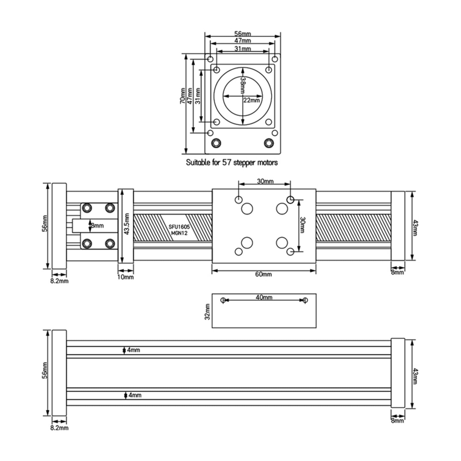 Dual Optical Axis Manual Sliding Table Rail Guide SFU1605 100-500mm Sliding Table Linear Module for 3D Printer(350mm)