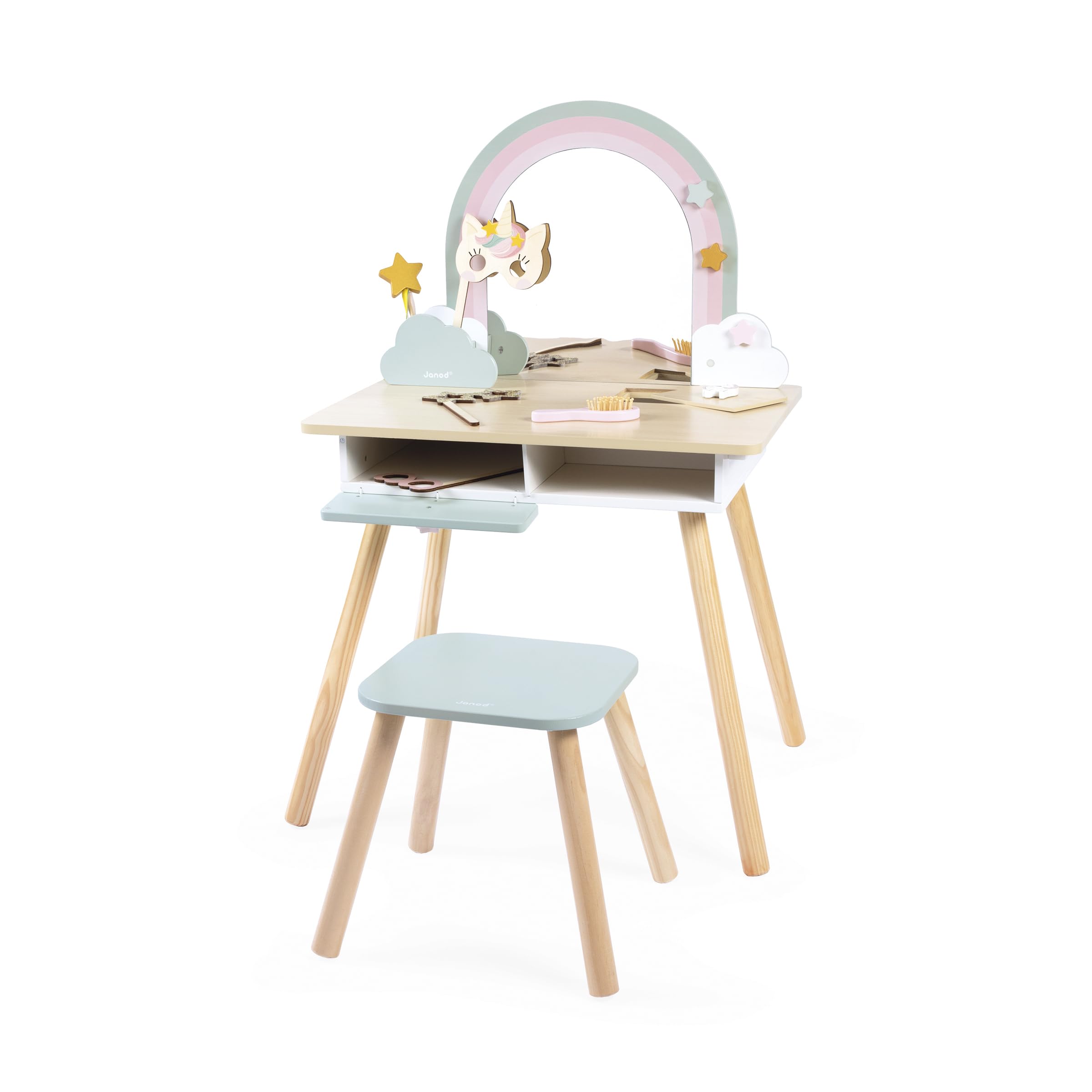 Janod Tocador Niña - Tema Unicornio - Imitación Juego - Tocador con Espejo y Taburete de Juguete - 10 Accesorios - Dim 56,6 x 42,5 x 86,25 cm - A Partir de 3 Años - J06464