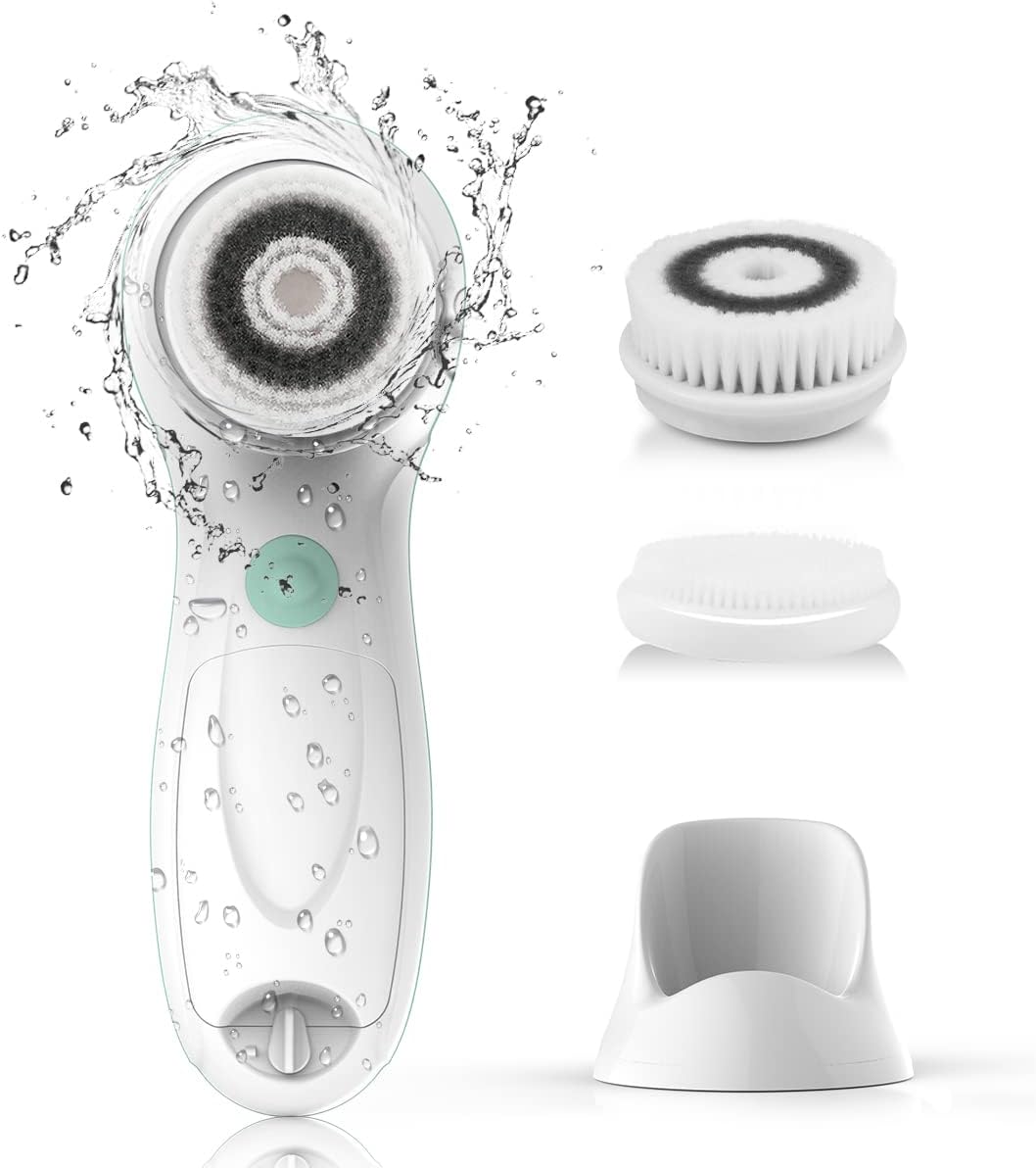 (White) - Facial Cleansing Brush with Stand FDA Certification, 360 Degree Spin Face Brush Deeply Remove Dirt Oil Make-up for Oil/Combination Skin Dual speed, Waterproof, Battery Powered...