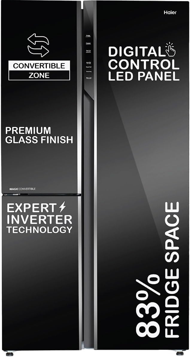 Haier 598 L, 3 Star, 83% Convertible Fridge Space, Expert Inverter, Frost Free Side by Side Refrigerator, (HRT-683KG, Black Glass)