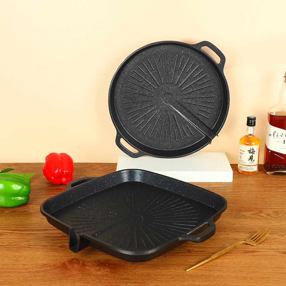 Korean Style 12.6in Grill Pan Non-stick Maifan Coated Smokeless Griddle Pan Compatible for Induction, Gas Stove, Electric Cooktop Stovetop Plate Indoor or Outdoor BBQ (Square)